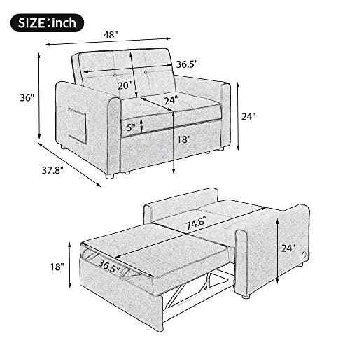 g 488243 Convertible Sleeper Sofa Bed MultiFunctional Adjustable Single Bed Chair with USB Port and 2 Pillows for Small Space Grey