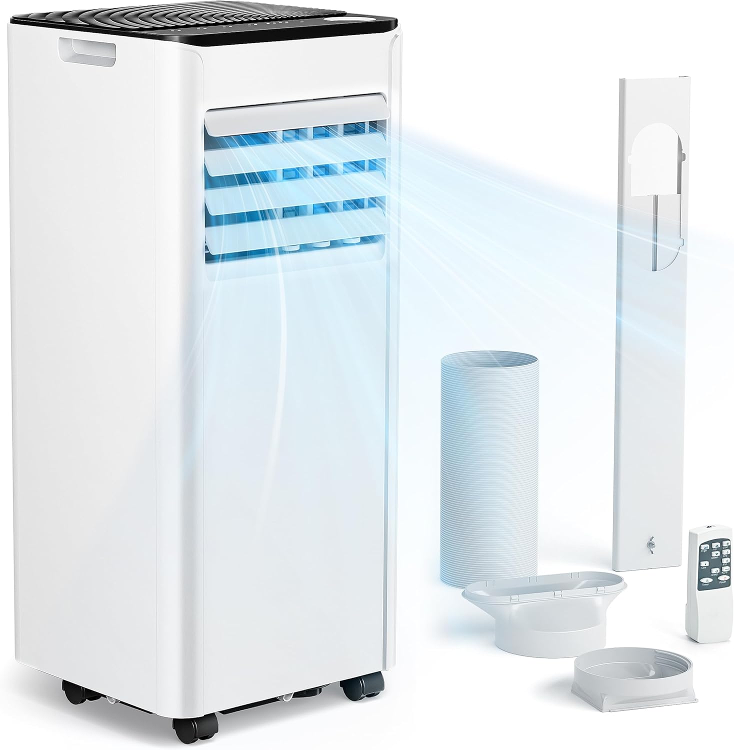 Mobile Air Conditioner with Exhaust Hose 7000 BTU 4-in-1 Mobile Air Conditioner Quiet Operation Digital Display + Remote Control Window Installation Set 24 Hour Timer for Rooms up to 20 m2