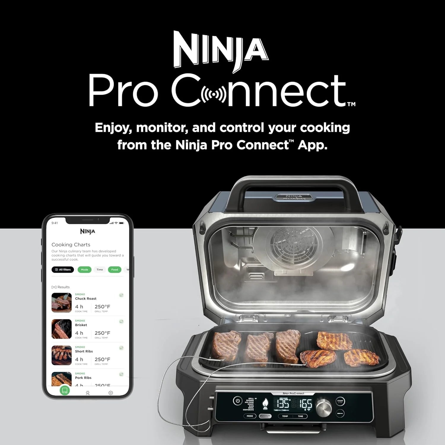 Ninja, Woodfire Pro XL Outdoor Grill & Smoker, Thermometer, 4-in-1 Master Grill, BBQ Smoker, Outdoor Air Fryer, Bake, Portable, Electric Grill, Dark Grey, OG850
