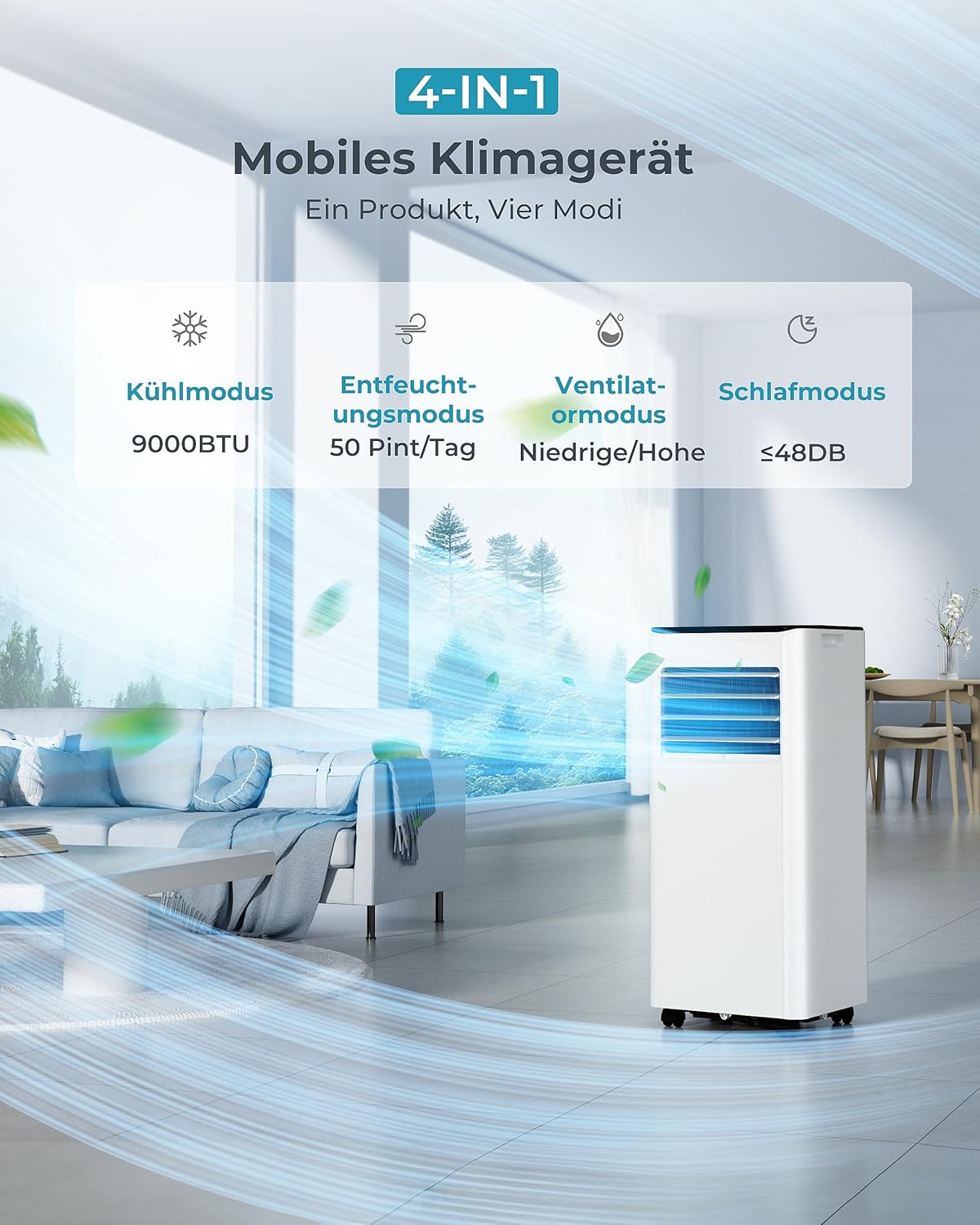 Mobile Air Conditioner with Exhaust Hose 7000 BTU 4-in-1 Mobile Air Conditioner Quiet Operation Digital Display + Remote Control Window Installation Set 24 Hour Timer for Rooms up to 20 m2