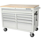 Mobile workbench with 9 drawers, hardwood top and power connection, 117 cm W x 62 cm D – high-gloss black