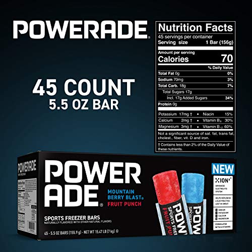 2025 POWERADE Sports Freezer Bars  Giant Sized 5.5 oz Refreshing Ice Pops with Electrolytes B Vitamins – Naturally Flavored  Mountain Berry Blast and Fruit Punch  45 Total Freezer Bars