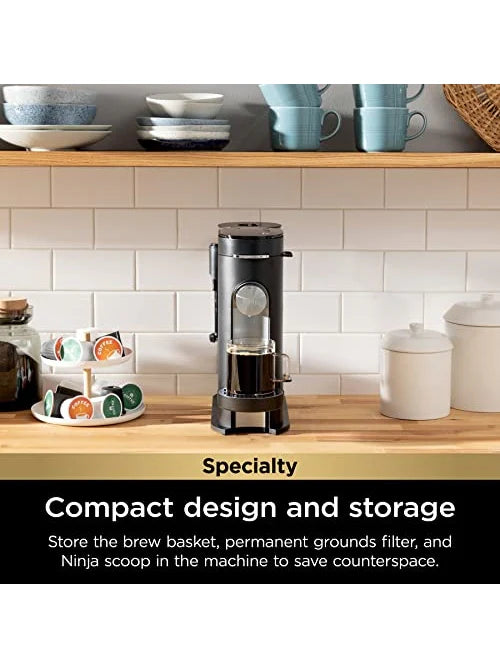 Ninja Pod & Grounds Specialty Single-Serve Coffee Maker, K-Cup Pod Compatible, Brews Grounds, Compact Design, Built-In Milk Frother, 56-oz. Reservoir, 6-oz. Cup to 24-oz. Mug Sizes, Black, PB051