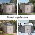 Rubbermaid resin garden shed with floor (2.13 x 2.13 m), weatherproof, grey, for storing garden tools, lawnmowers, bicycles and pool accessories
