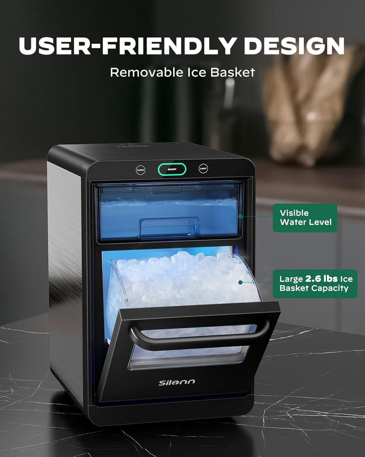 Silonn Nugget Ice Maker Countertop, Pull-Out Water Tank and Removable Ice Basket