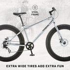 Mongoose Malus Mens and Women Fat Tire Mountain Bike, 26-Inch Bicycle Wheels, 4-Inch Wide Knobby Tires, Steel Frame, 7 Speed Drivetrain, Shimano Rear Derailleur, Disc Brakes