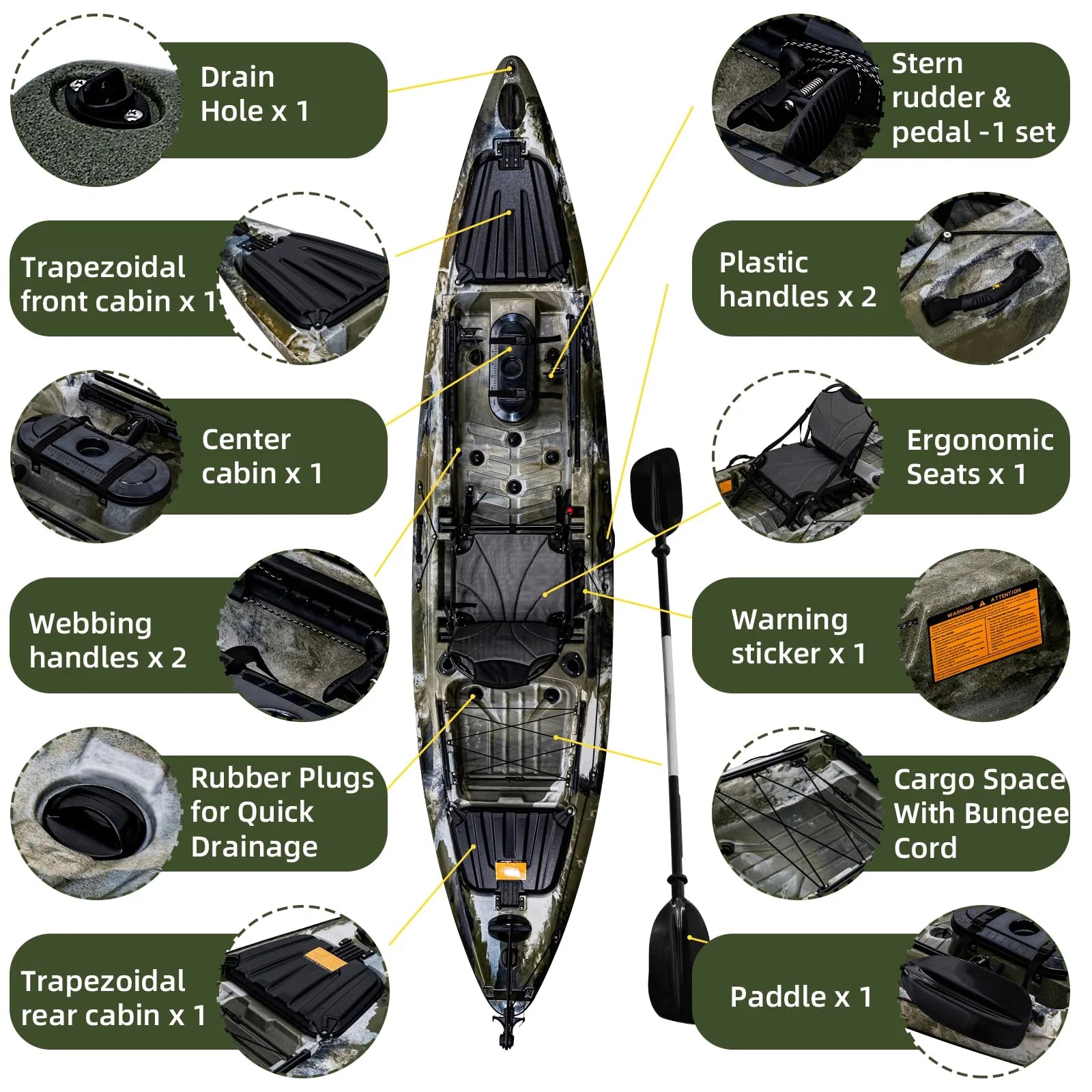 Garvee 13FT Fishing Kayaks, Sit on Top Kayak for Adults with Paddle Comfortable Seat, Capacity of 400LBS, Hard Shell Recreational Ocean Kayak Boat