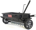 100 lb (approx. 45 kg) trailed lawn and garden spreader/seeder/fertilizer spreader for seeds, fertilizer, salt, road salt; designed to be pulled behind lawn and garden tractors