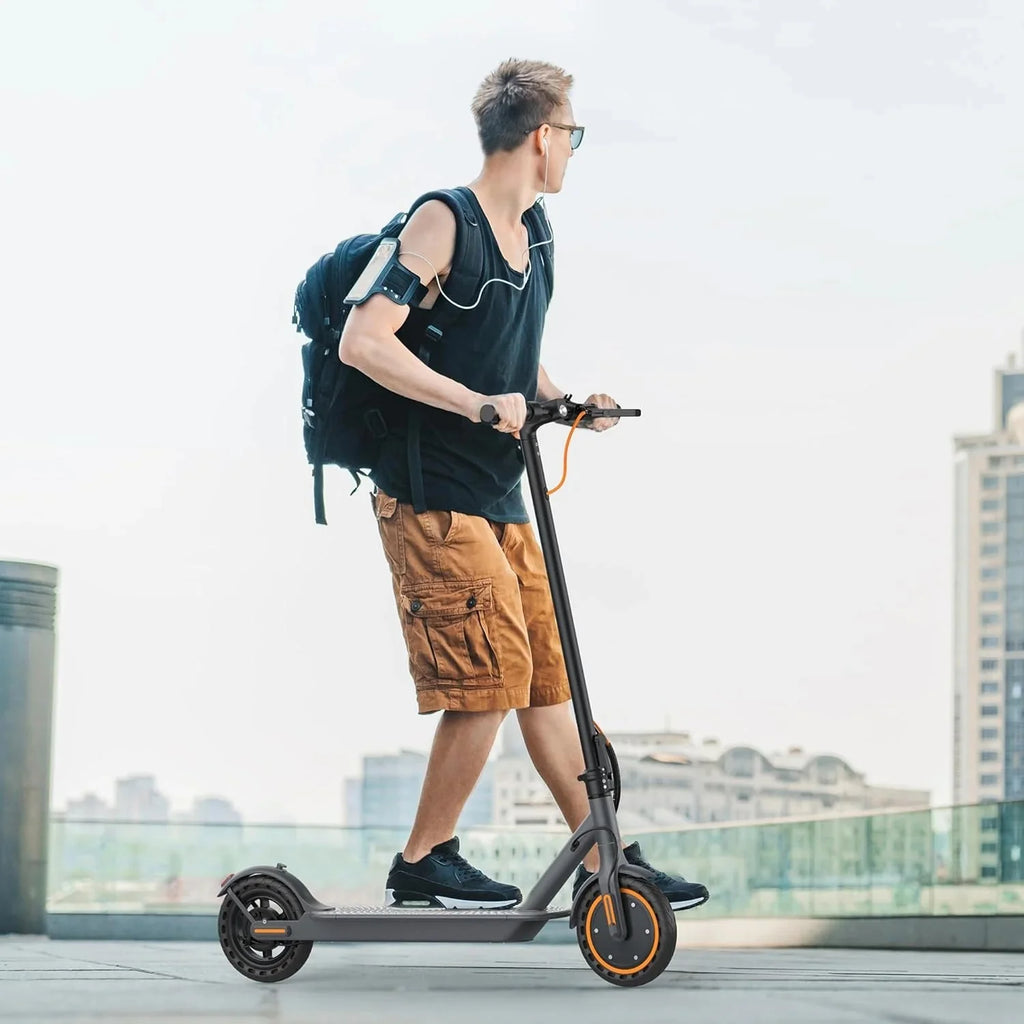 Electric scooter, 350W/500W powerful motor, 8.5"/10" solid rubber tires, 19/22 mph, 28/21/12 mile range, dual brakes
