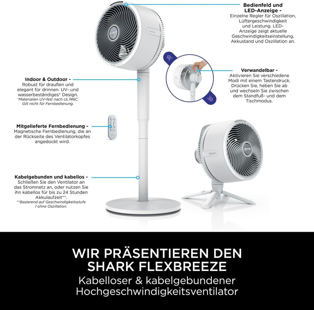 Shark FlexBreeze HydroGo Strong Fan with Mist, Cooling for Indoor & Outdoor Use, Quiet & Durable, Wired & Wireless, Compact & Lightweight, Up to 20m Airflow, Anthracite FA050EU