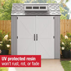Rubbermaid resin garden shed with floor (2.13 x 2.13 m), weatherproof, grey, for storing garden tools, lawnmowers, bicycles and pool accessories