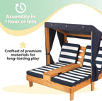 KidKraft Wooden Outdoor Double Chaise Lounge with Cup Holders, Kid's Patio Furniture, Honey with Navy and White Striped Fabric, Gift for Ages 3-8