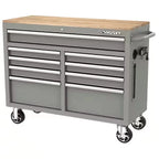 Mobile workbench with 9 drawers, hardwood top and power connection, 117 cm W x 62 cm D – high-gloss black