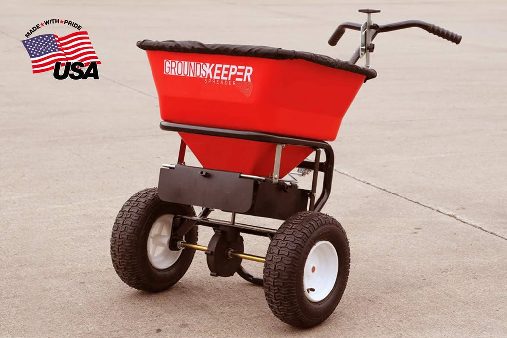 Multi-purpose push-along spreader, 100 lb capacity, versatile tool for lawn seed, salt, de-icer, fertilizer and seeds