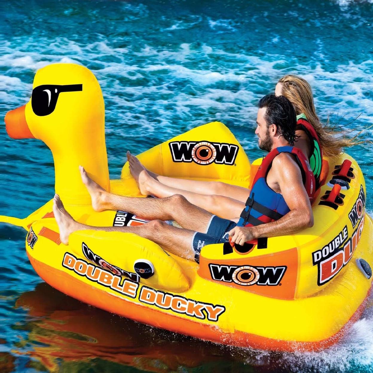 WOW Sports Double Ducky 2P Towable Tube, Secure Deck Seating, 340 lbs Capacity, Heavy-Duty PVC, Front & Back Tow Points