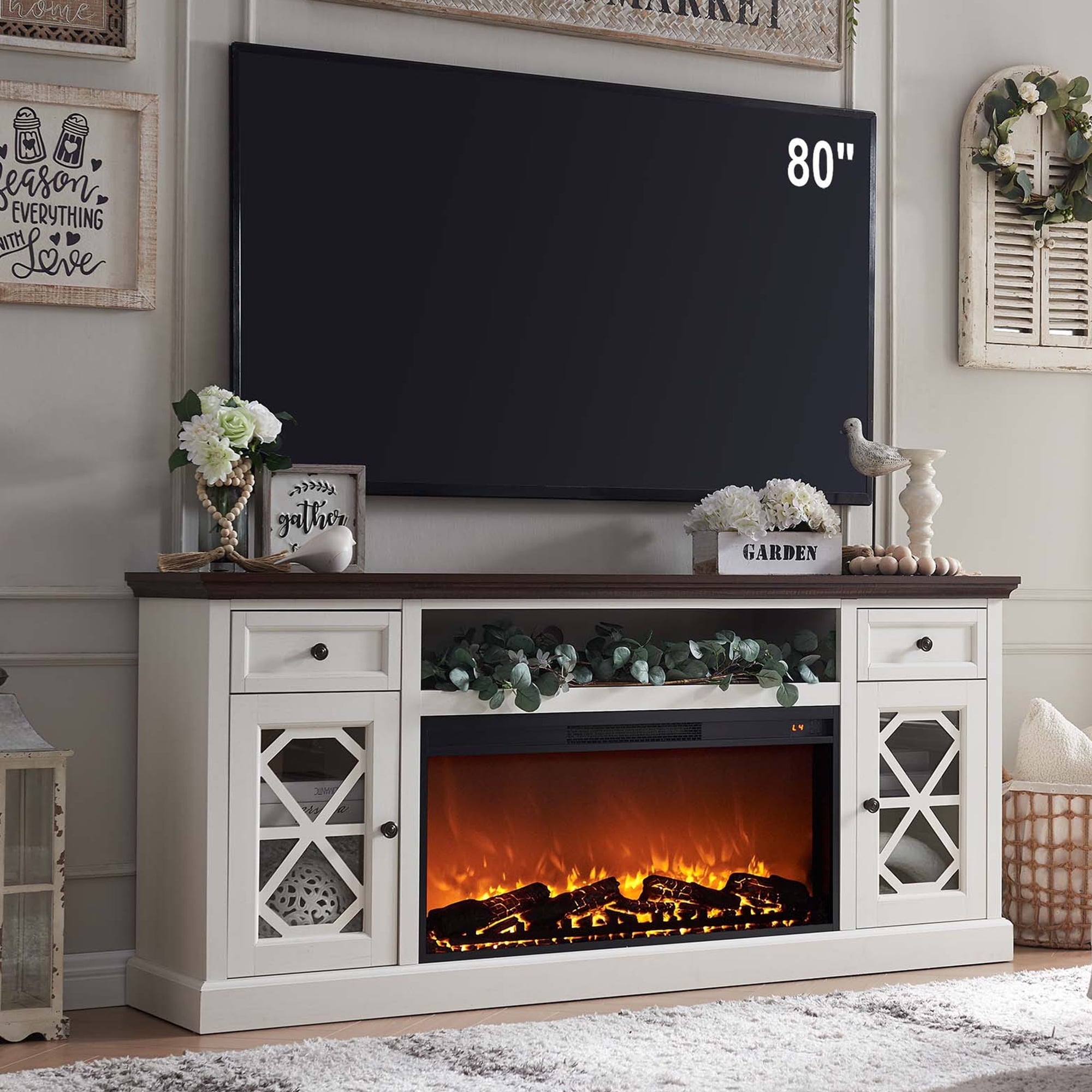 SinCiDo Farmhouse Fireplace TV Stand with 36" Electric Fireplace for 80 Inch TVs, 31" Tall Entertainment Center w/Drawer & Diamond Panel Door, Highboy Media Console for Living Room, 70inch, White