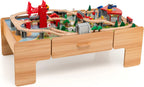 The dual-function wooden children's activity table with storage function, featuring 100 colorful components, tracks, trains, and cars, is a children's train table set suitable for children aged 3 and above. It has a flip-up tabletop and is a gift for