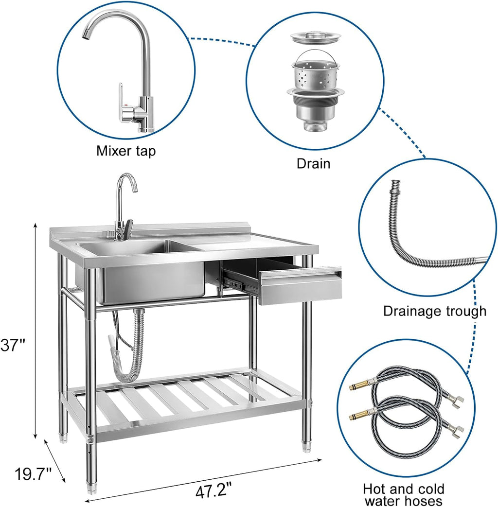 YORKING Stainless Steel Utility Sink, Free Standing Single Bowl Kitchen Sink