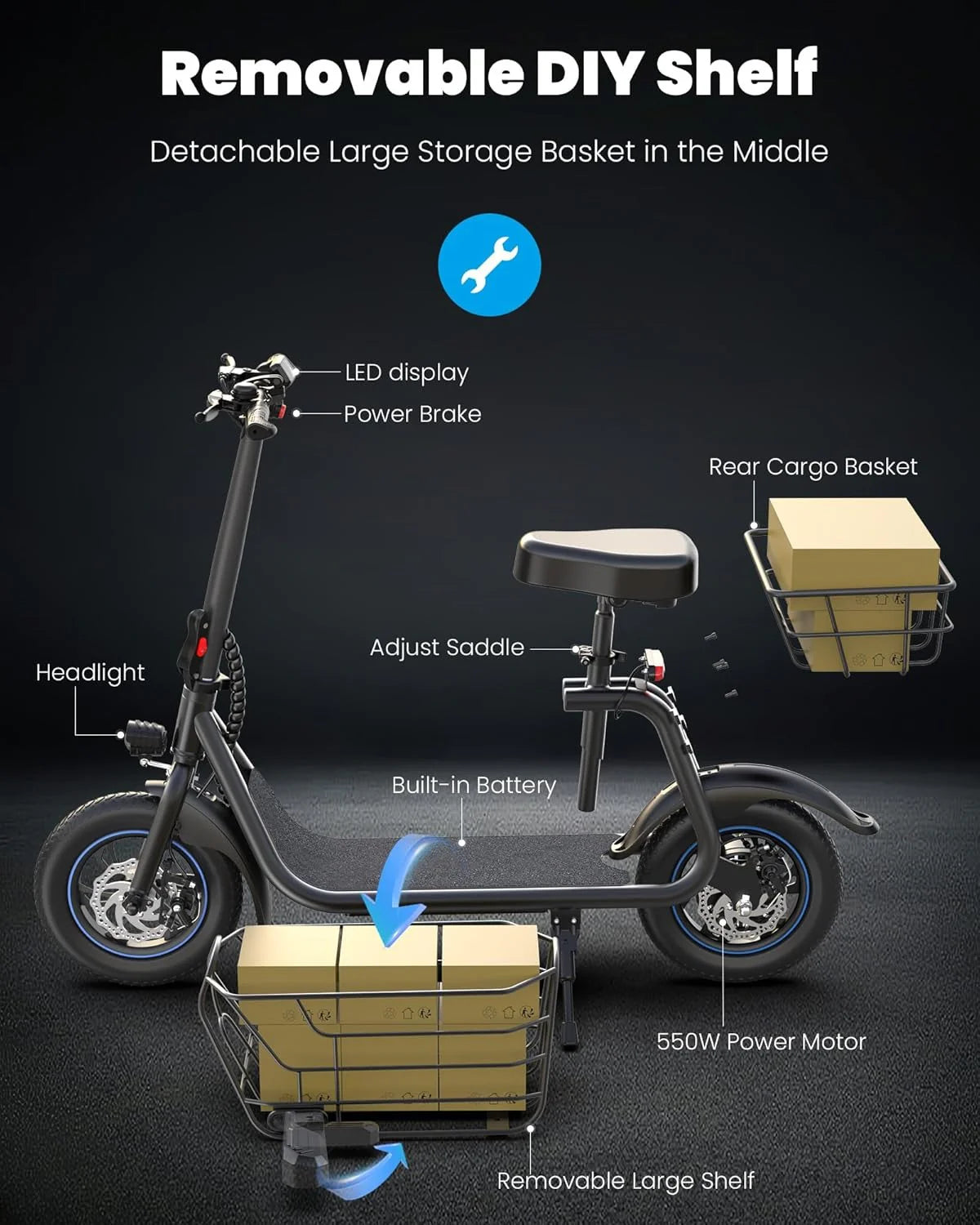 Electric scooter for adults with large center basket