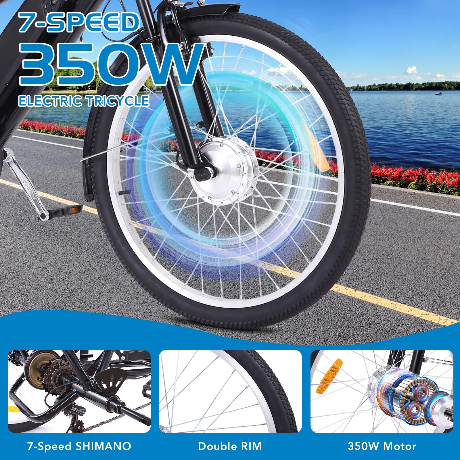 Garvee 3 Wheel Electric Bicycle for Men Women, 350W Motor Electric Tricycle for Adults, 26" Fat Tire Motorized Bicycle w/ 36V 10Ah Removable Battery, 7 Speed Electric Trike up to 50+ Miles, 3 Modes