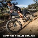 Mongoose Malus Mens and Women Fat Tire Mountain Bike, 26-Inch Bicycle Wheels, 4-Inch Wide Knobby Tires, Steel Frame, 7 Speed Drivetrain, Shimano Rear Derailleur, Disc Brakes