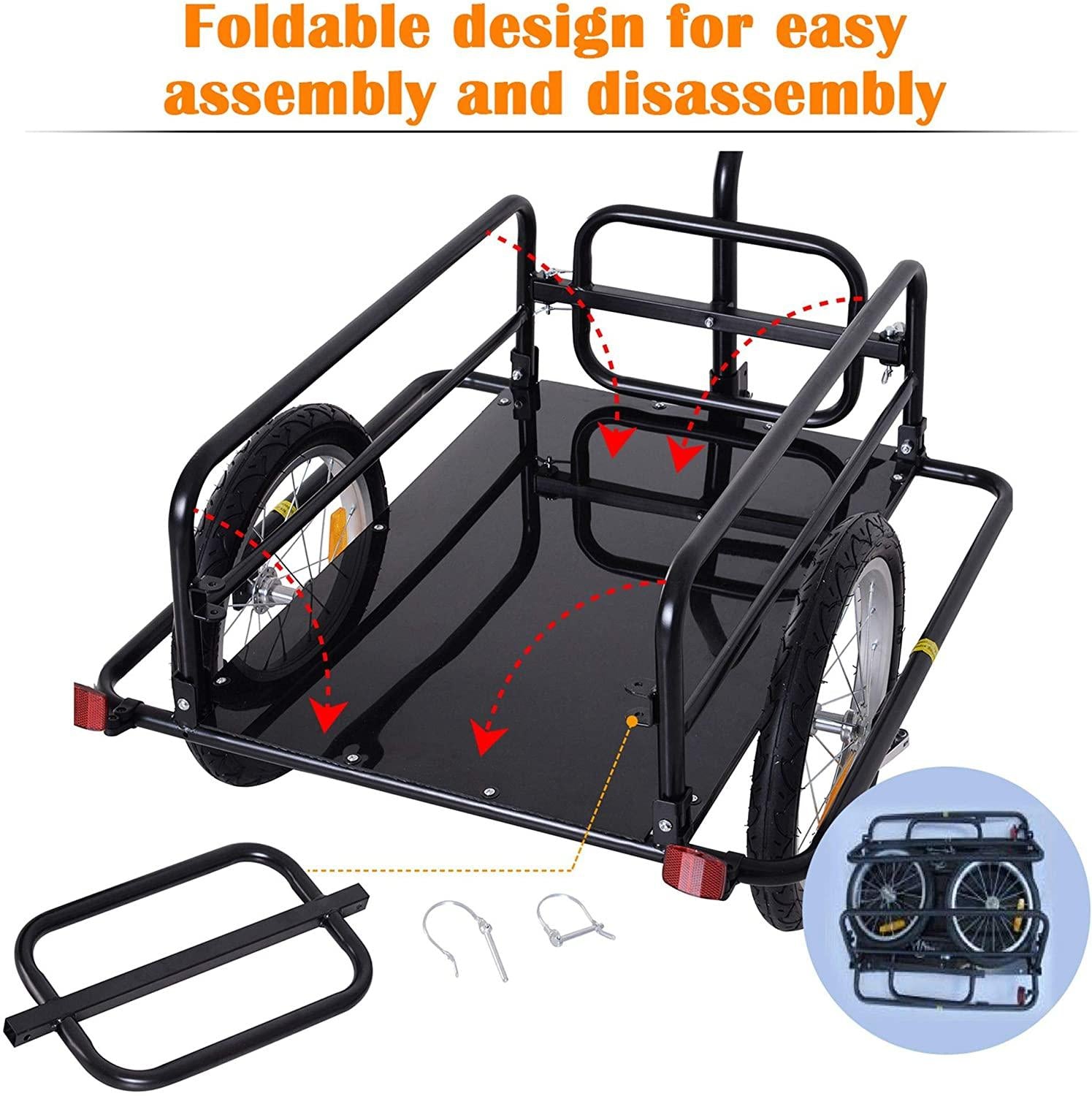 Aosom Foldable Bike Cargo Trailer, 80lbs Capacity, 16′′ Wheels, Black, with Hitch