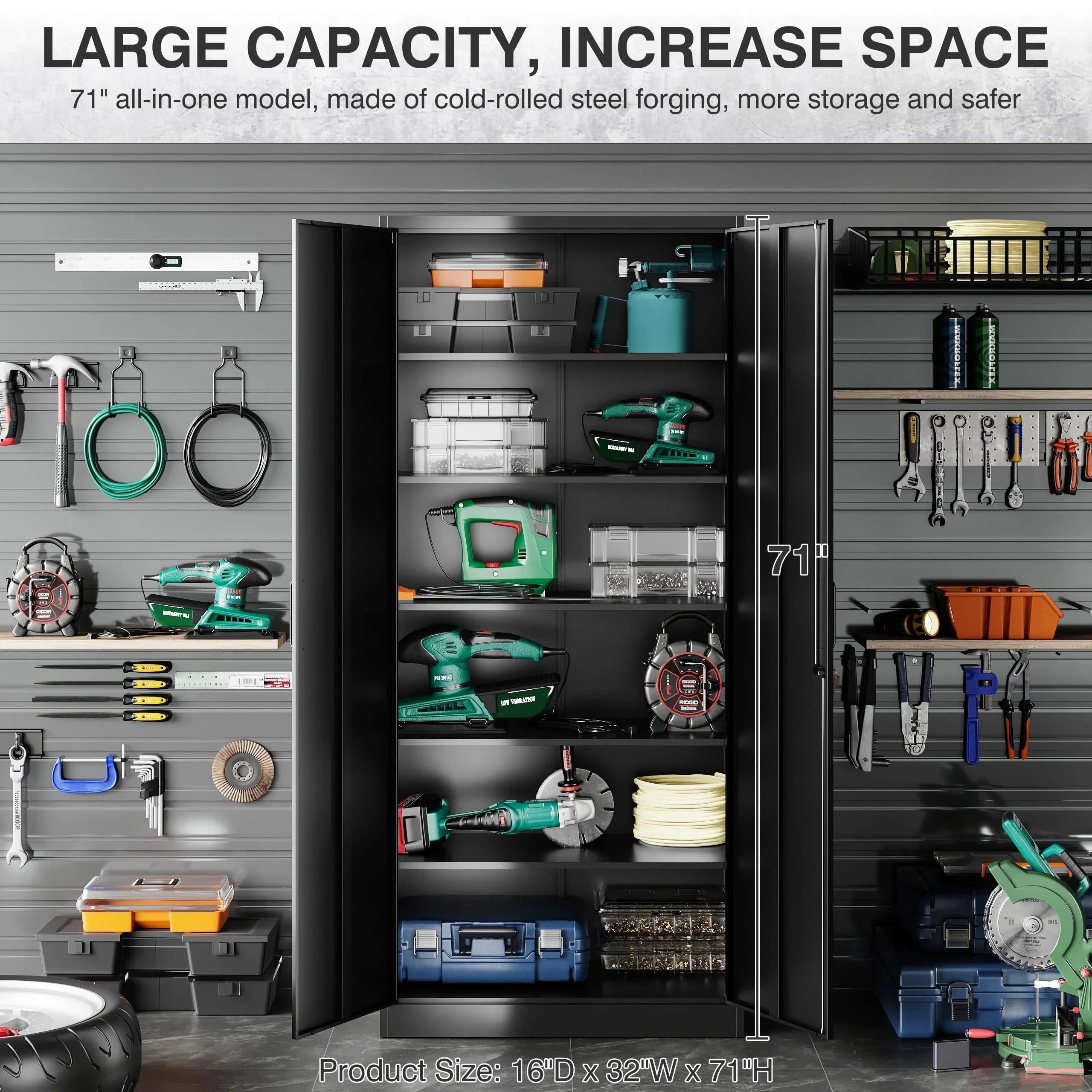 SISESOL 71" Metal Garage Storage Cabinet with 2 Doors